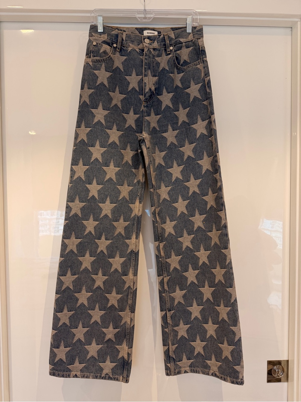 Sandro Black Denim Bootcut Jeans with Beige Star Print